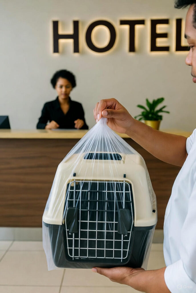 Pet owner checking into a hotel with a carrier bag.
