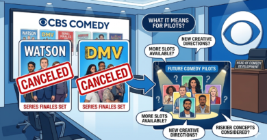 Creat an image for my blog post with the topic "Watson’ & ‘DMV’ Canceled By CBS, Series Finales Set: What It Means for the Network’s Comedy Pilots"