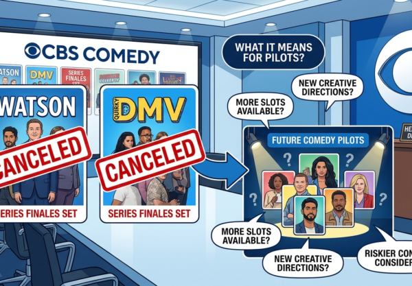 Creat an image for my blog post with the topic "Watson’ & ‘DMV’ Canceled By CBS, Series Finales Set: What It Means for the Network’s Comedy Pilots"