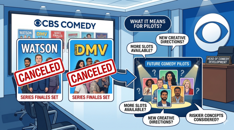 Creat an image for my blog post with the topic "Watson’ & ‘DMV’ Canceled By CBS, Series Finales Set: What It Means for the Network’s Comedy Pilots"